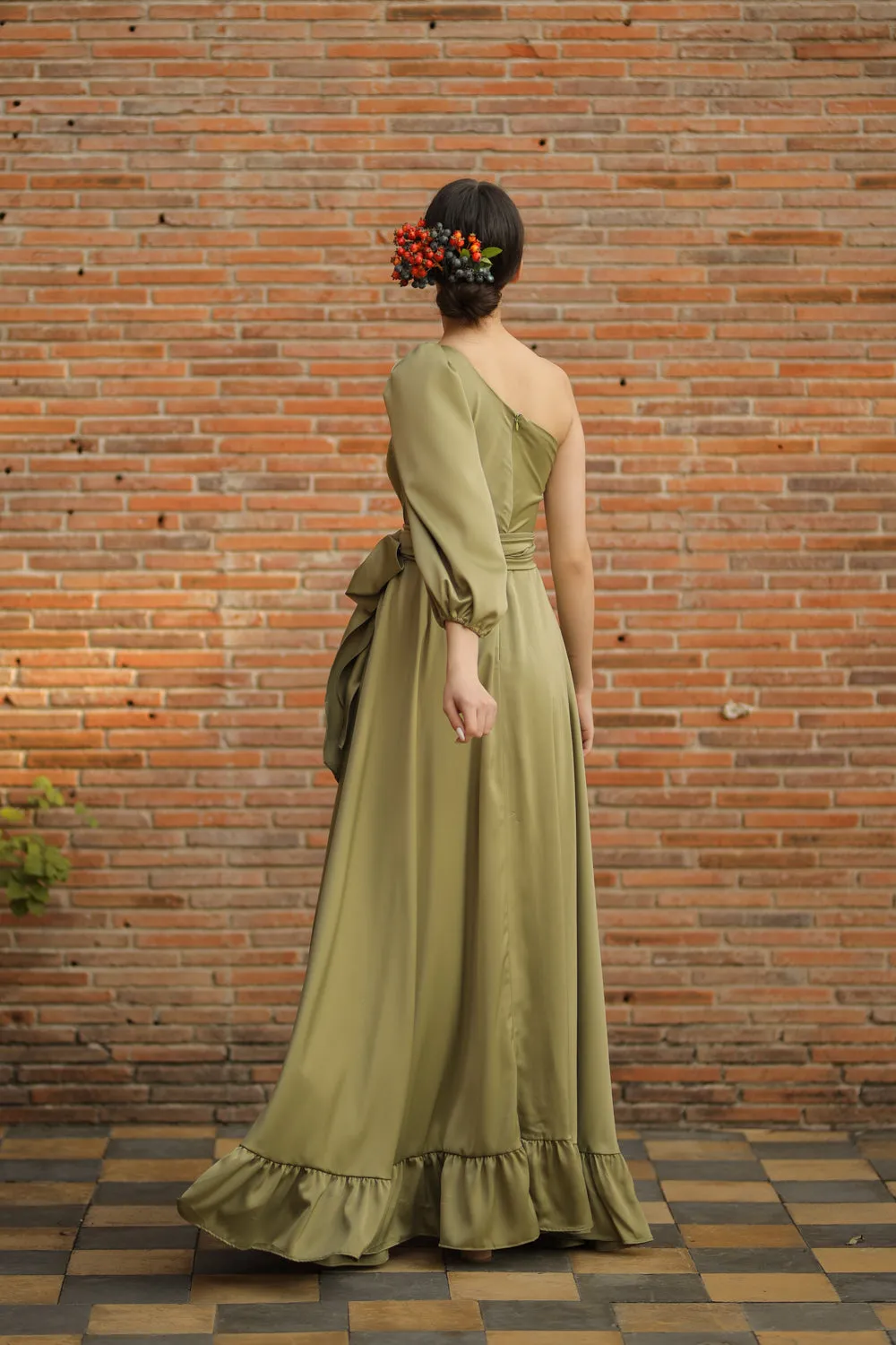 ESMERALDA Asymmetric Puff Sleeve Silk Maxi Dress with Ruffled Hem and Detachable Waist Tie (Olive Silk Crepe)