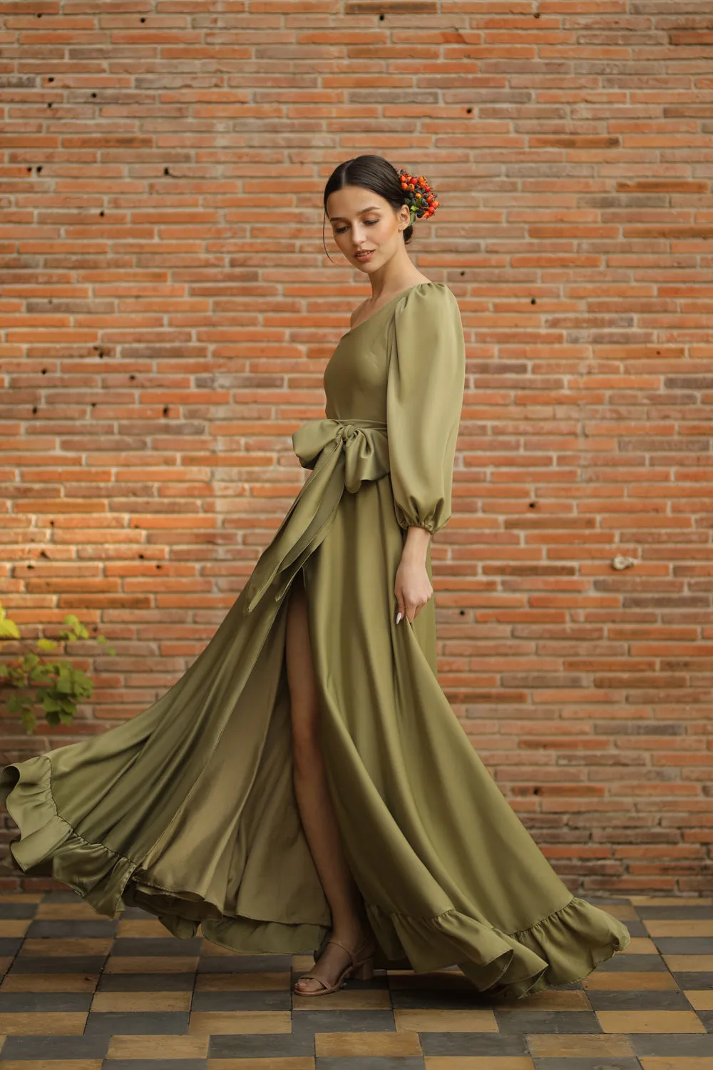 ESMERALDA Asymmetric Puff Sleeve Silk Maxi Dress with Ruffled Hem and Detachable Waist Tie (Olive Silk Crepe)