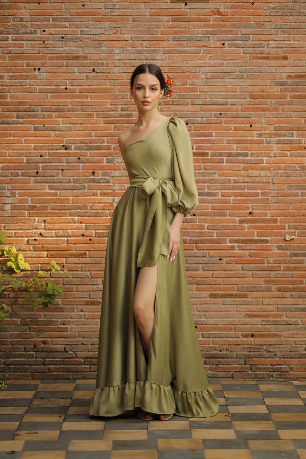 ESMERALDA Asymmetric Puff Sleeve Silk Maxi Dress with Ruffled Hem and Detachable Waist Tie (Olive Silk Crepe)