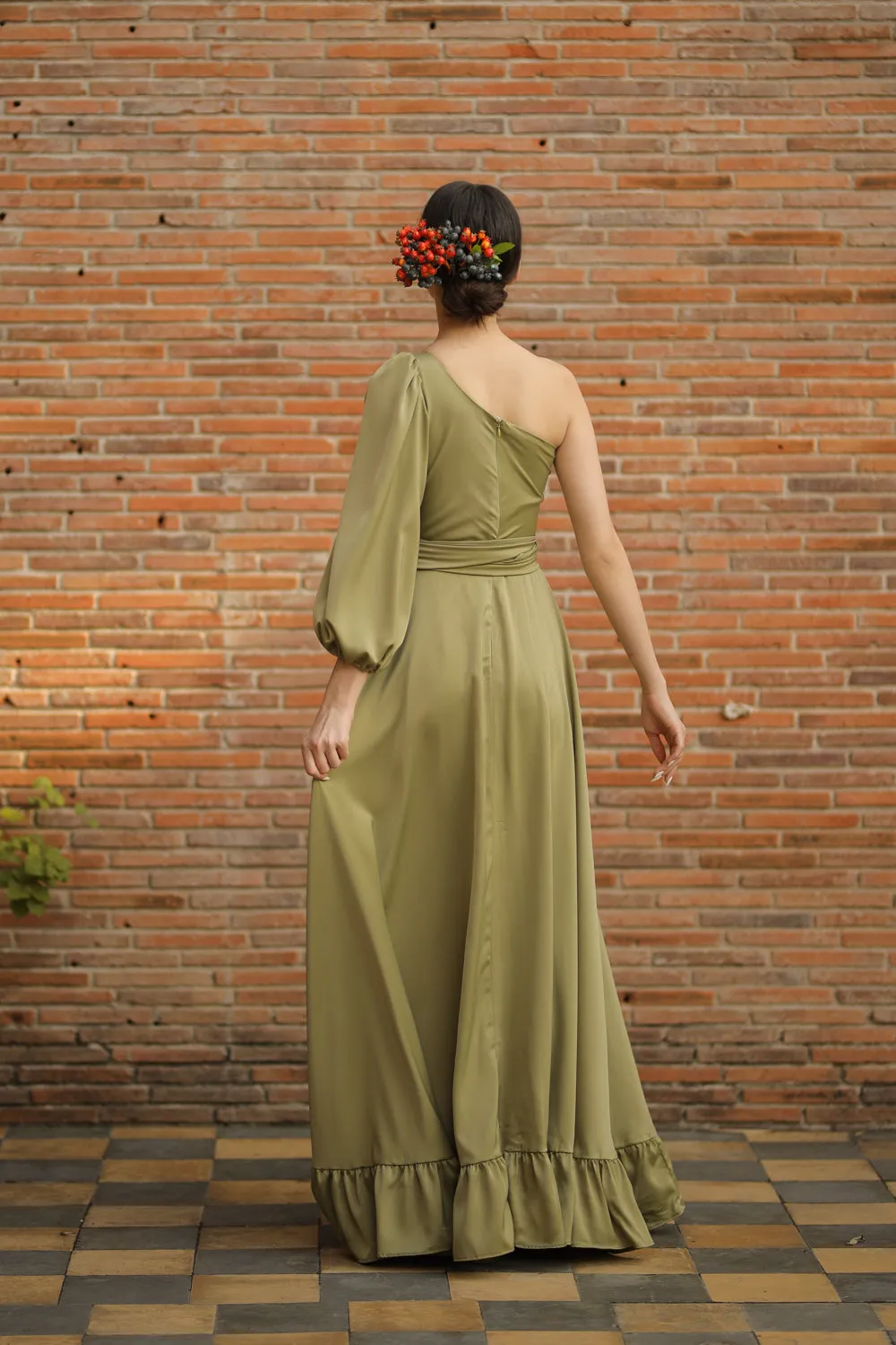 ESMERALDA Asymmetric Puff Sleeve Silk Maxi Dress with Ruffled Hem and Detachable Waist Tie (Olive Silk Crepe)