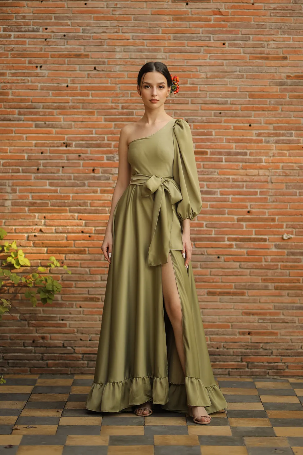 ESMERALDA Asymmetric Puff Sleeve Silk Maxi Dress with Ruffled Hem and Detachable Waist Tie (Olive Silk Crepe)