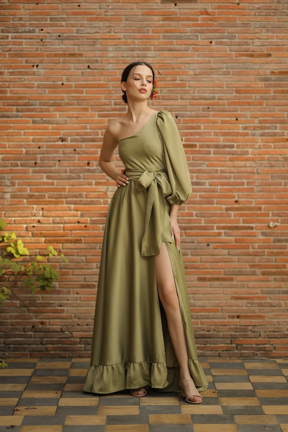 ESMERALDA Asymmetric Puff Sleeve Silk Maxi Dress with Ruffled Hem and Detachable Waist Tie (Olive Silk Crepe)