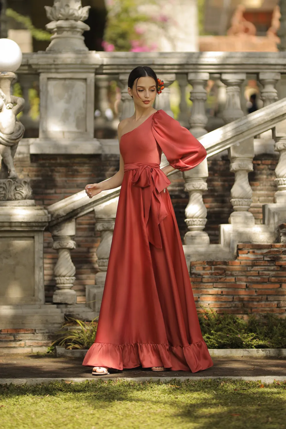ESMERALDA Asymmetric Puff Sleeve Silk Maxi Dress with Ruffled Hem and Detachable Waist Tie (Rust Silk)