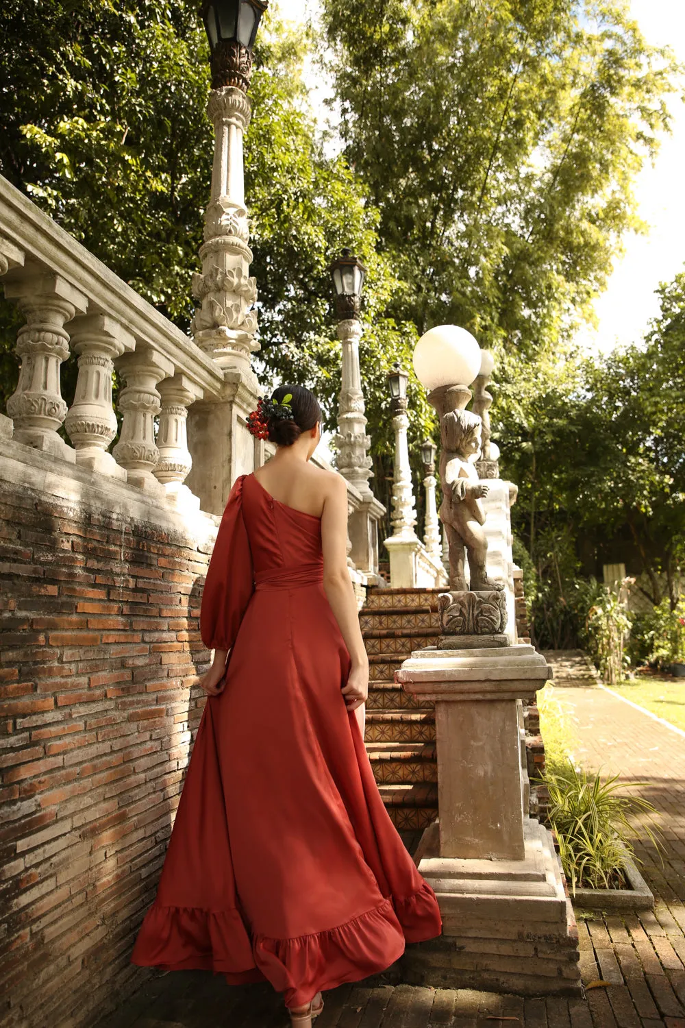 ESMERALDA Asymmetric Puff Sleeve Silk Maxi Dress with Ruffled Hem and Detachable Waist Tie (Rust Silk)