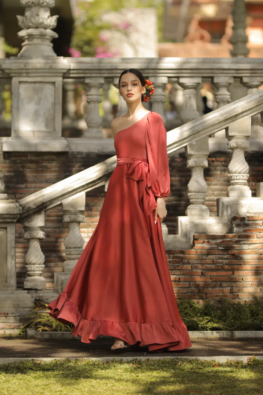 ESMERALDA Asymmetric Puff Sleeve Silk Maxi Dress with Ruffled Hem and Detachable Waist Tie (Rust Silk)