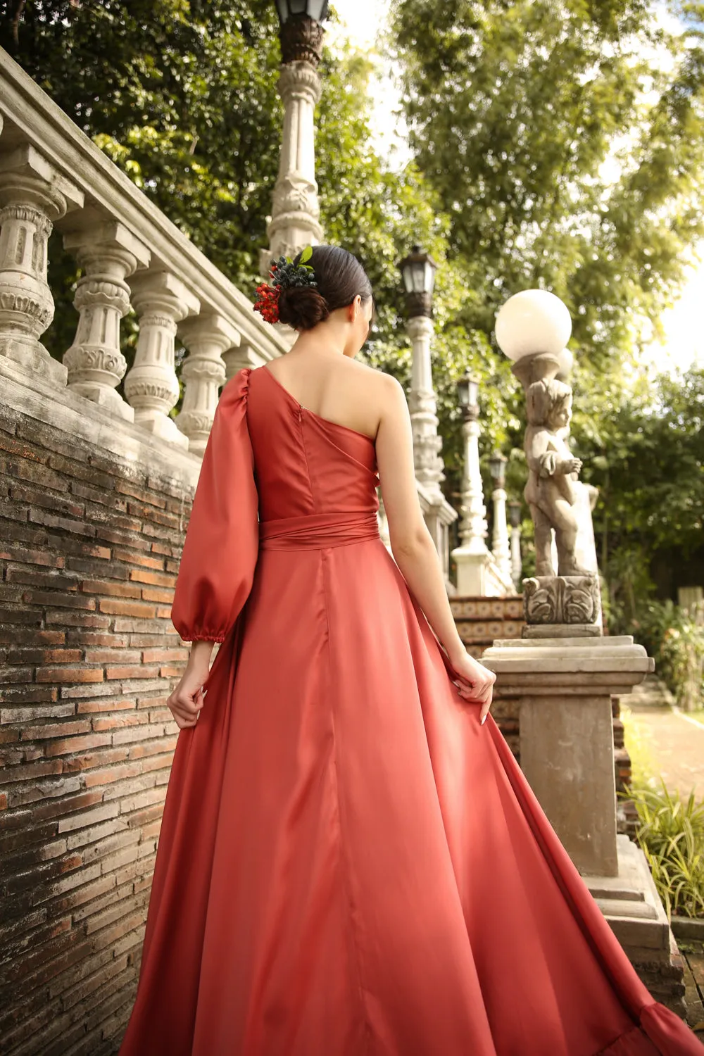 ESMERALDA Asymmetric Puff Sleeve Silk Maxi Dress with Ruffled Hem and Detachable Waist Tie (Rust Silk)
