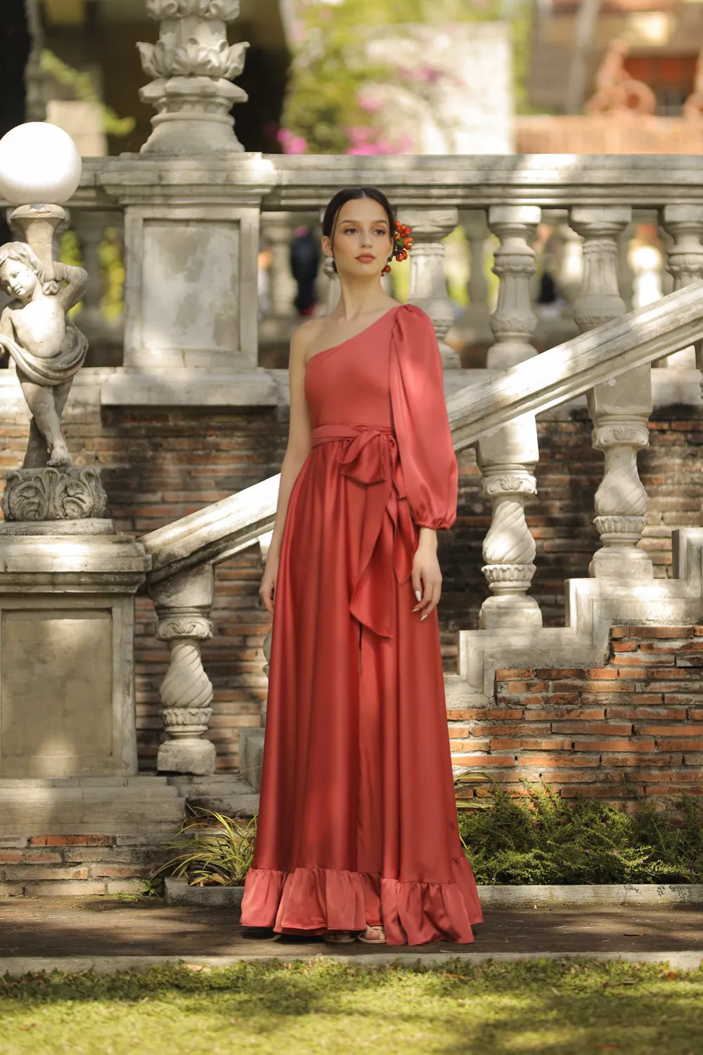 ESMERALDA Asymmetric Puff Sleeve Silk Maxi Dress with Ruffled Hem and Detachable Waist Tie (Rust Silk)