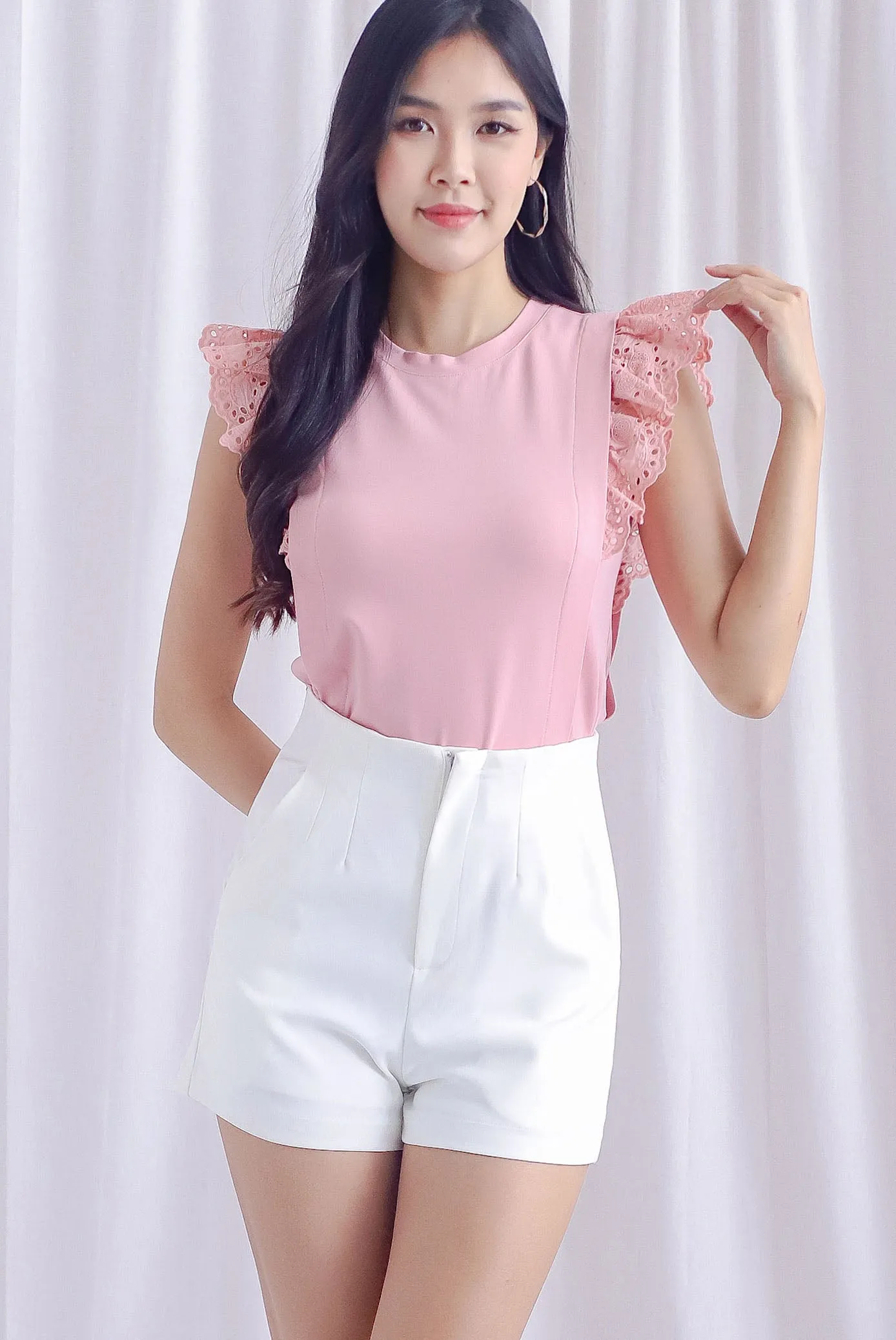 Estelle Eyelet Flutter Sleeve Top In Pink