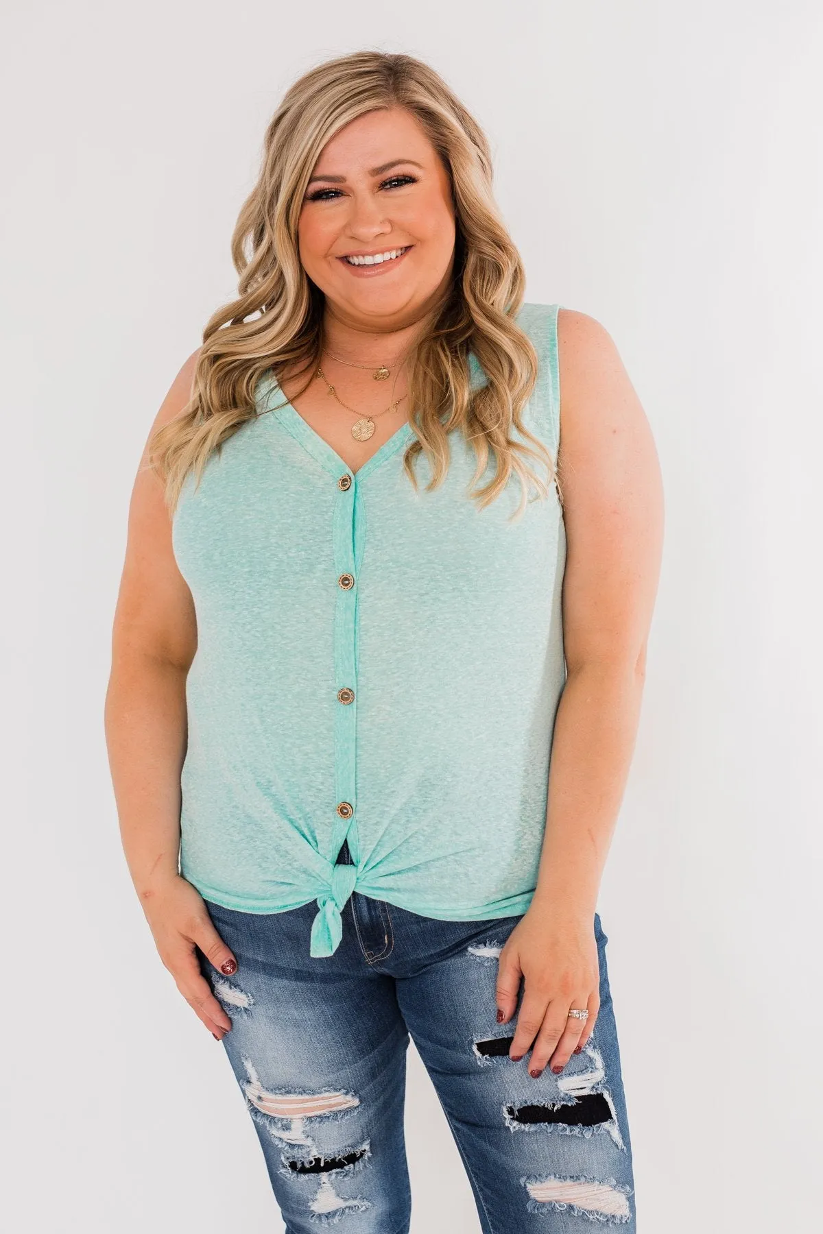 Everyday Button Tie Tank Top- Light Mint