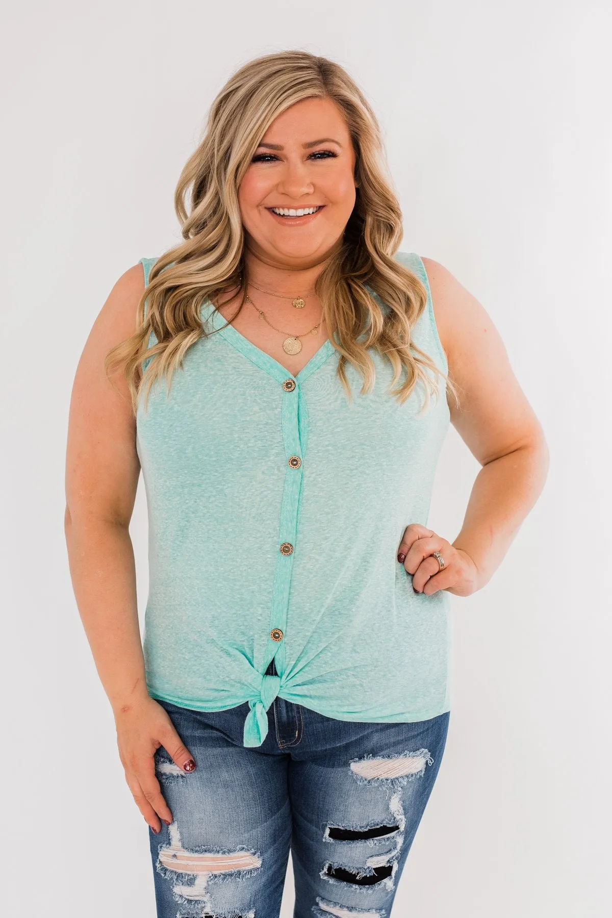 Everyday Button Tie Tank Top- Light Mint