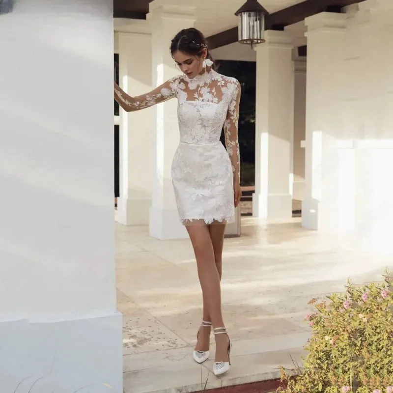 Exquisite Wedding Dress Long Sleeves High Neck Detachable Train A-Line Tulle Applique Bridal Gown vestido de noiva Customized