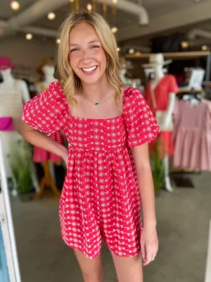 Eyelet Embroidery Babydoll Puff Sleeve Romper