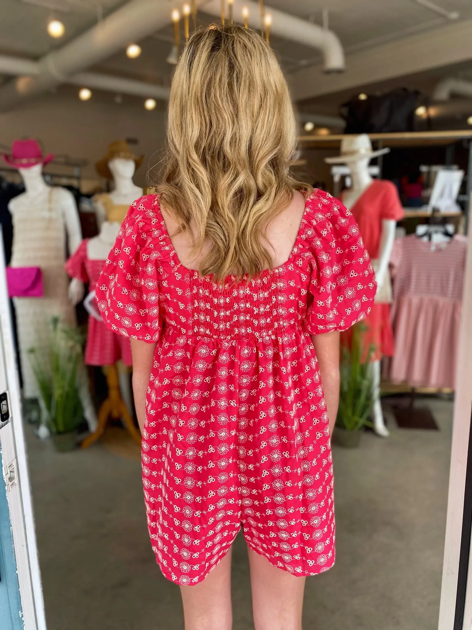 Eyelet Embroidery Babydoll Puff Sleeve Romper