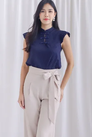 Fang Embro Flutter Sleeve Cheongsam Top In Navy Blue