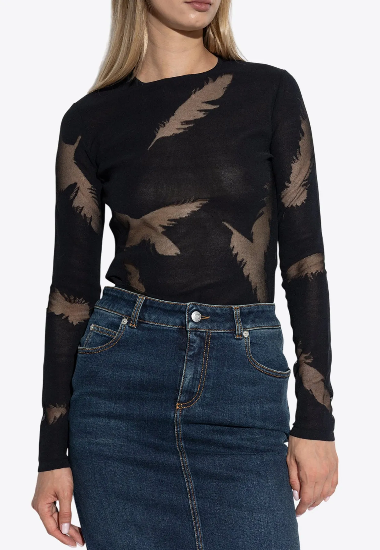 Feather Intarsia Long-Sleeved Top