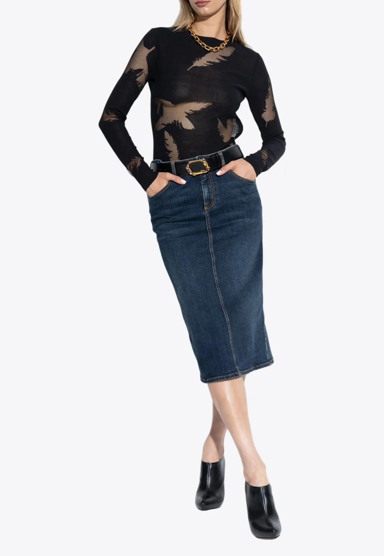 Feather Intarsia Long-Sleeved Top