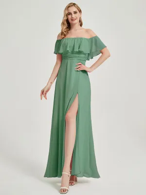 [Final Sale] Moss Green Convertible Ruffle Sleeves Chiffon Maxi Bridesmaid Dresses