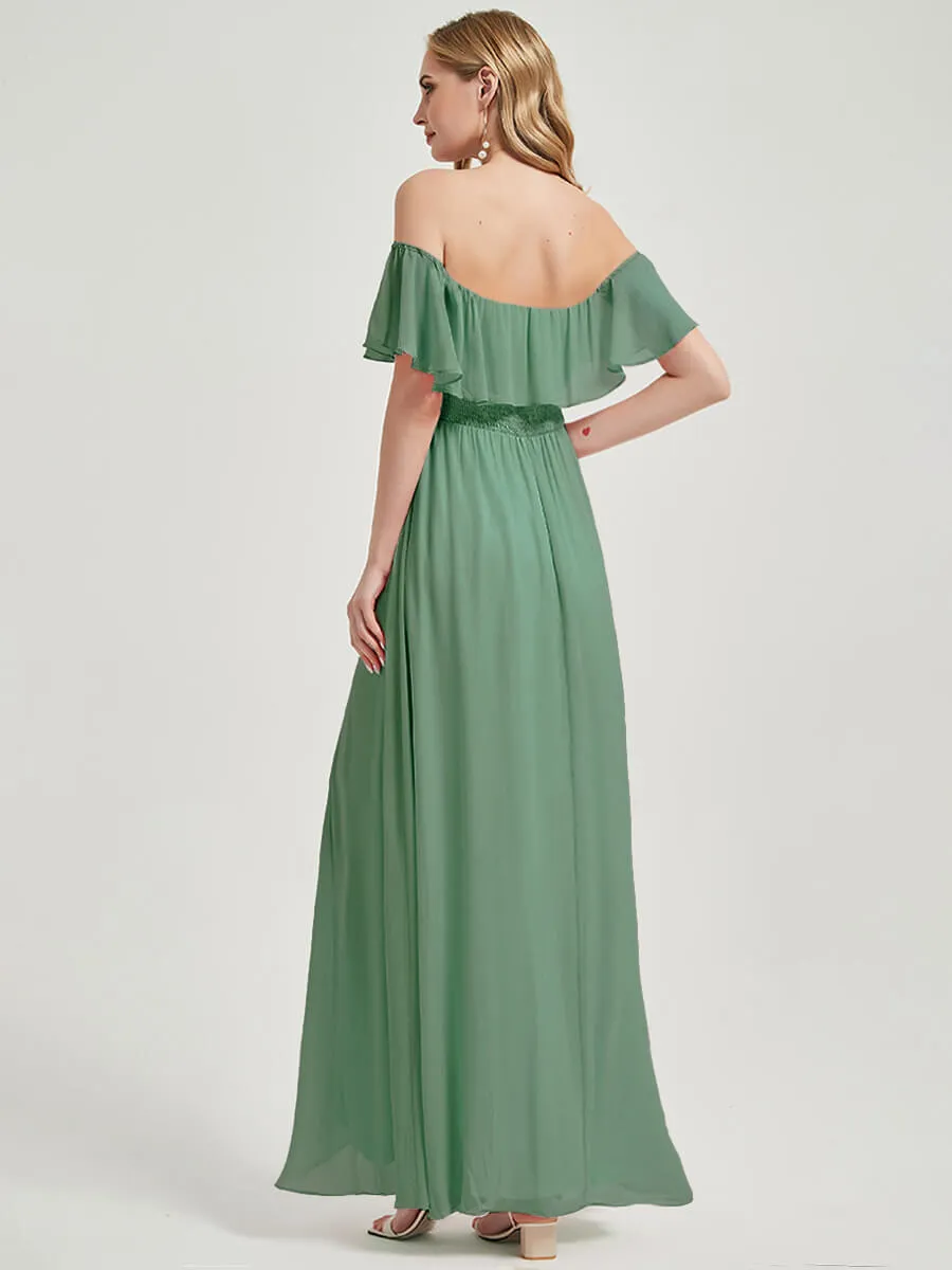[Final Sale] Moss Green Convertible Ruffle Sleeves Chiffon Maxi Bridesmaid Dresses