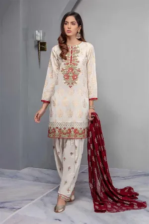 Floral Embroided Dress In Offwhite And Maroon Color Model# L 1846