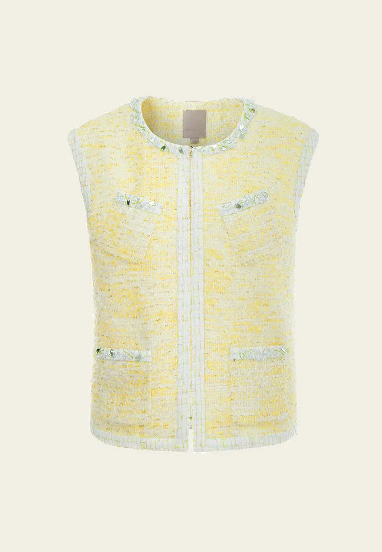 Flower-detail Embellished-trim Patch-pocket Waistcoat