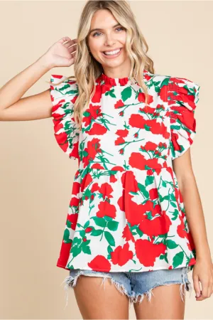 Flower Print Baby Doll Top W/Frilled Neck