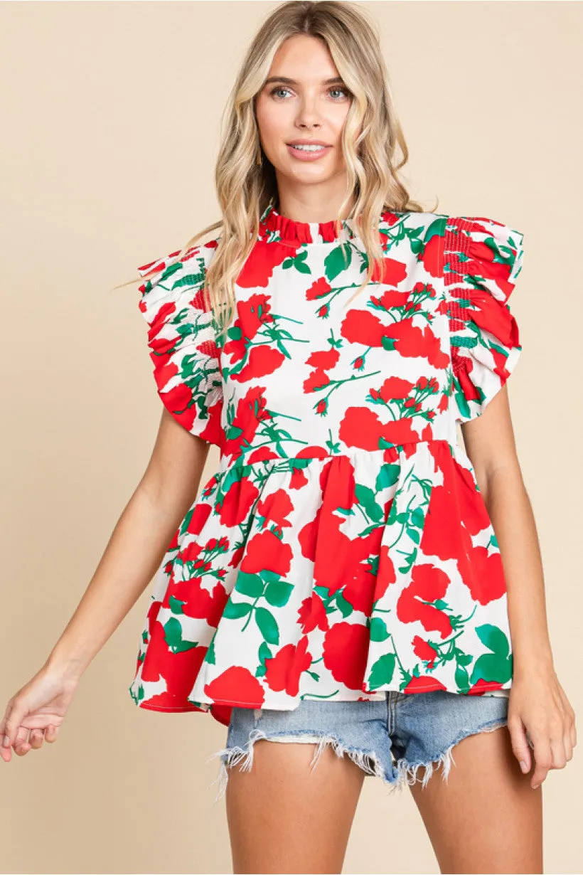 Flower Print Baby Doll Top W/Frilled Neck
