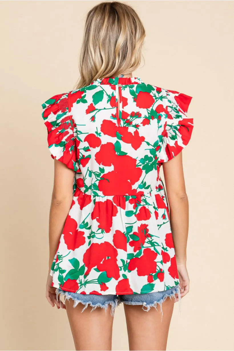 Flower Print Baby Doll Top W/Frilled Neck
