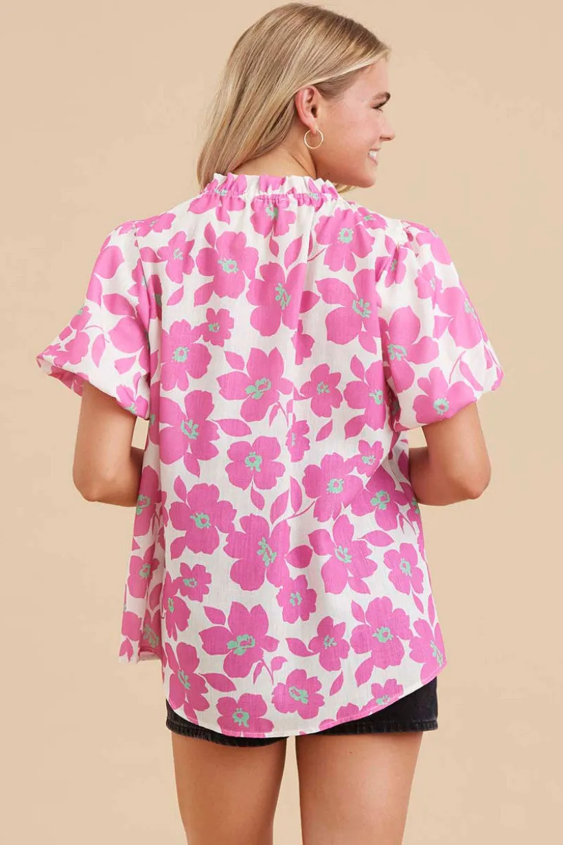 Flower Print Top W/Adjustable Frilled Neck, Short Puffed Sleeves