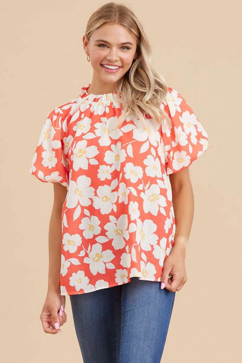 Flower Print Top W/Adjustable Frilled Neck, Short Puffed Sleeves