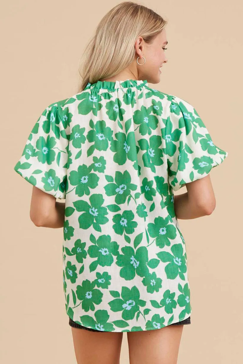 Flower Print Top W/Adjustable Frilled Neck, Short Puffed Sleeves