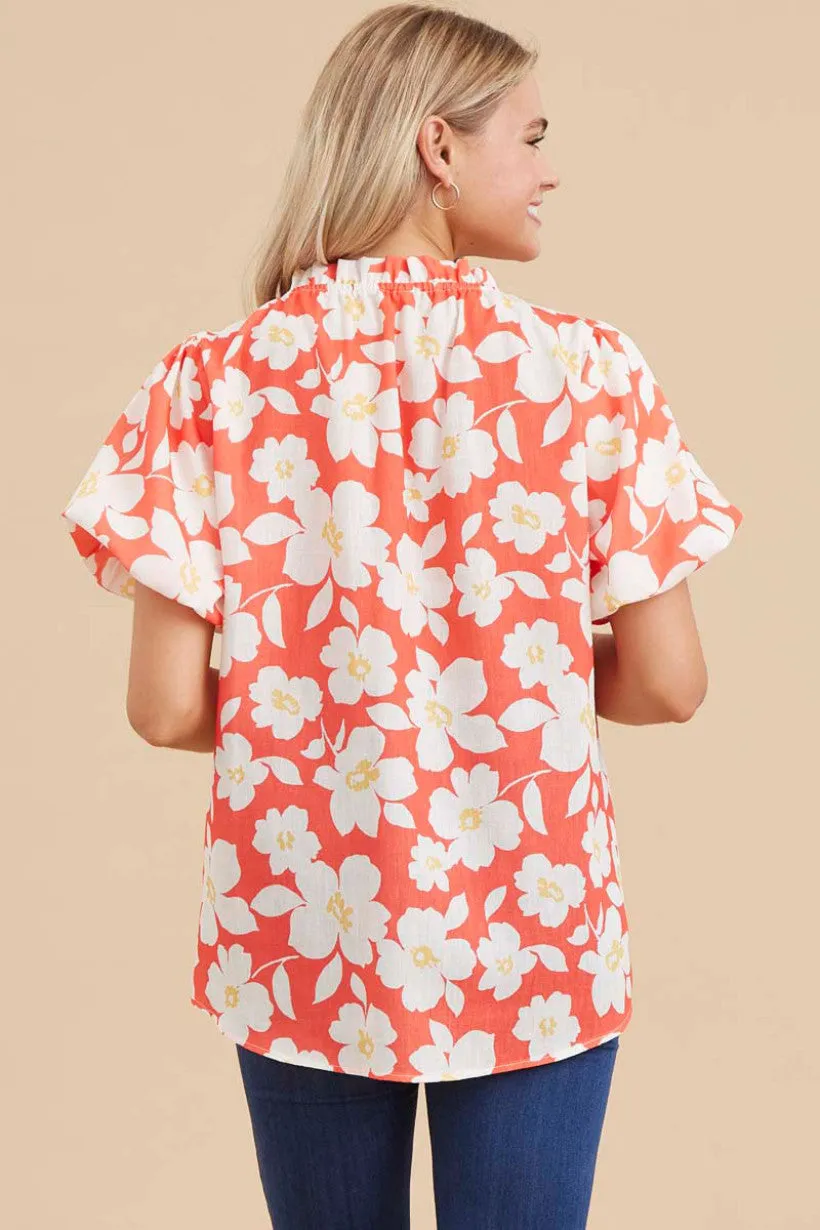 Flower Print Top W/Adjustable Frilled Neck, Short Puffed Sleeves