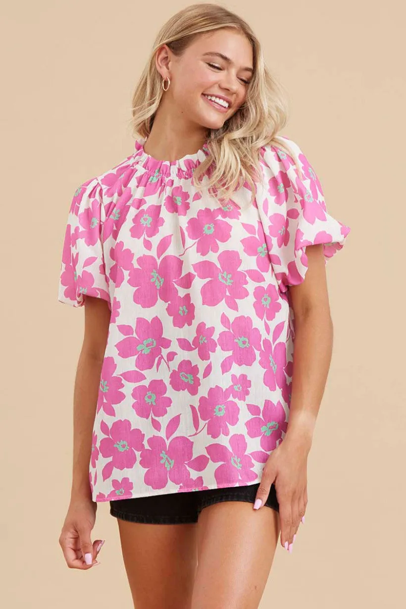Flower Print Top W/Adjustable Frilled Neck, Short Puffed Sleeves