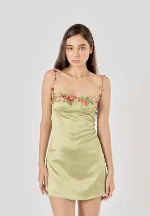Freesia Sage Green Bustier Floral Embroidery Mini Dress