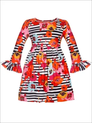 Girls Striped Floral A-Line Long Flared Sleeve Dress