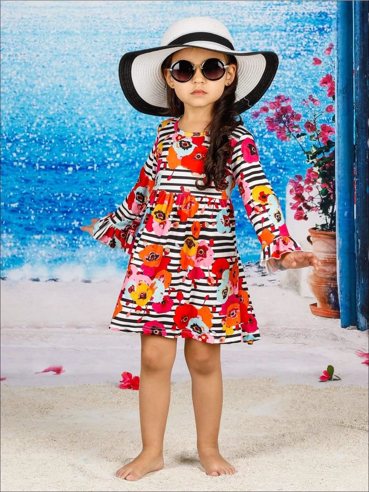 Girls Striped Floral A-Line Long Flared Sleeve Dress