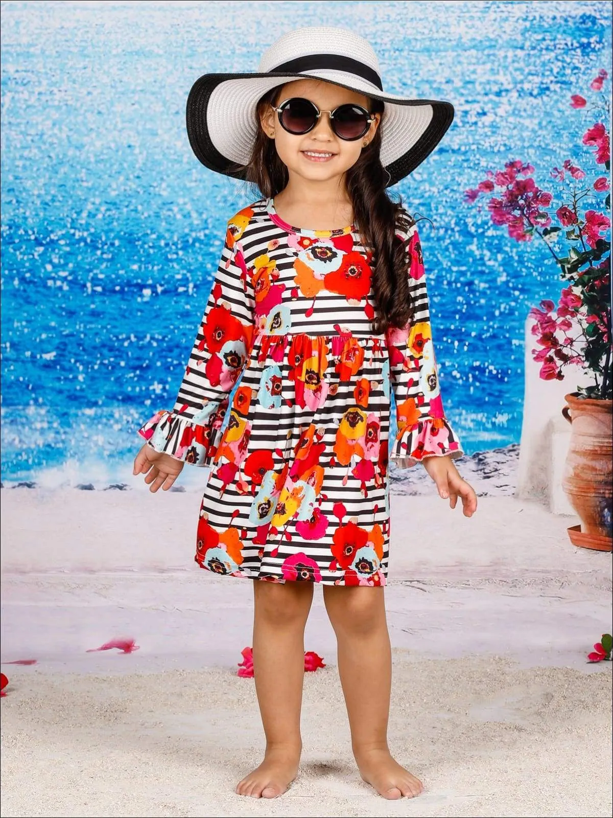 Girls Striped Floral A-Line Long Flared Sleeve Dress