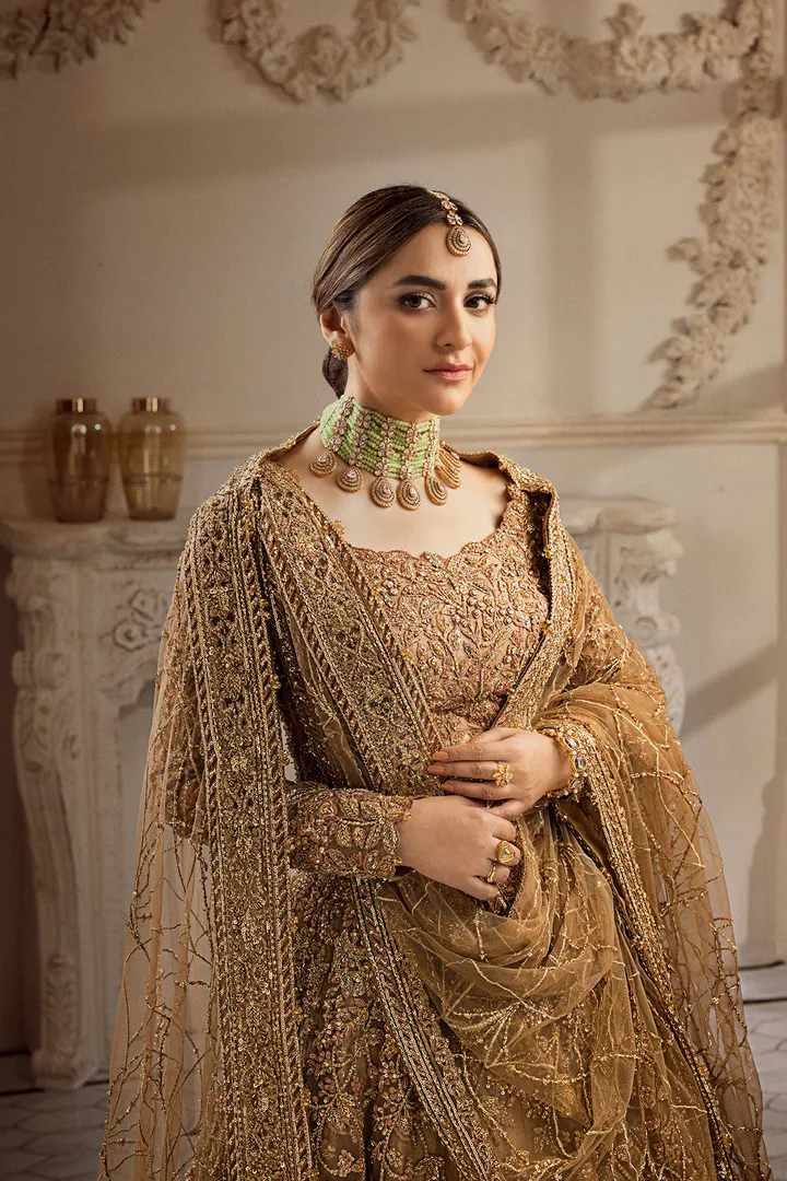 Golden Pakistani Bridal Dress in Lehenga Choli Style