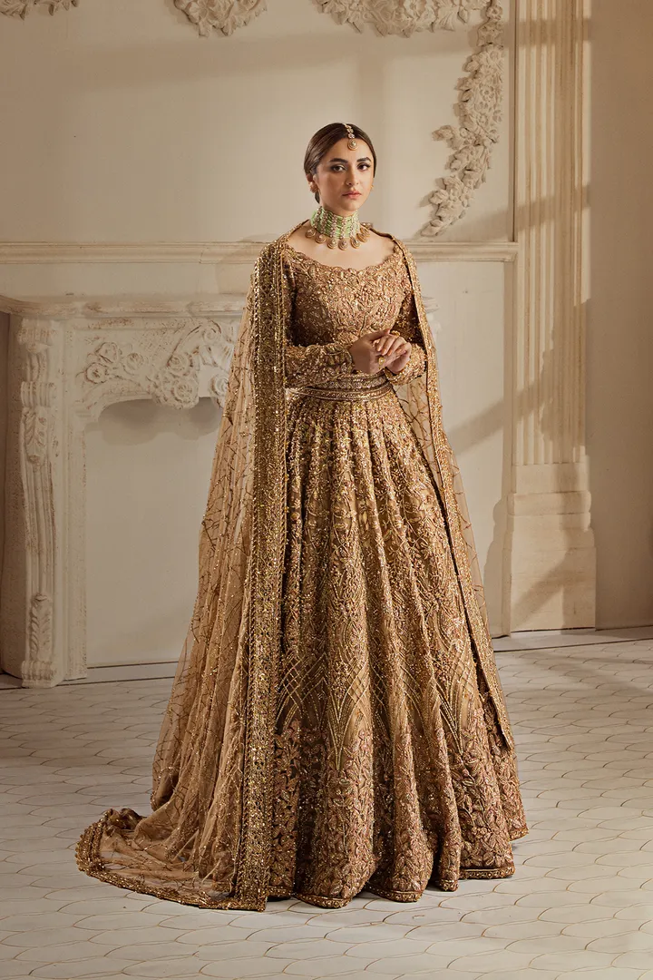 Golden Pakistani Bridal Dress in Lehenga Choli Style