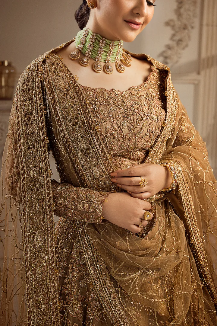 Golden Pakistani Bridal Dress in Lehenga Choli Style