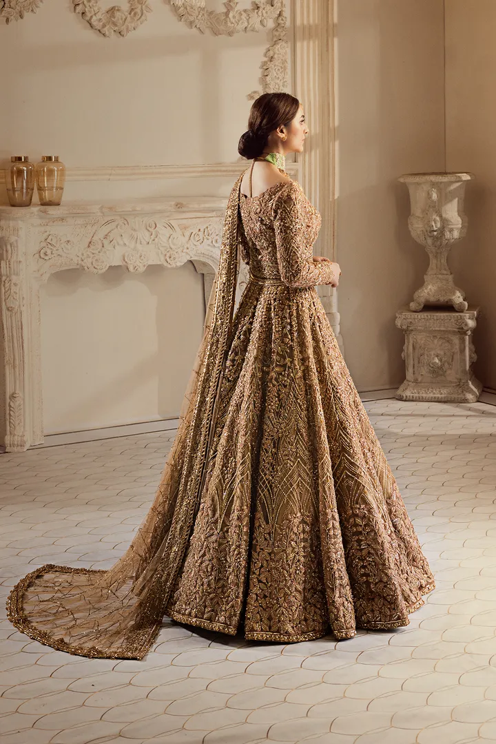 Golden Pakistani Bridal Dress in Lehenga Choli Style