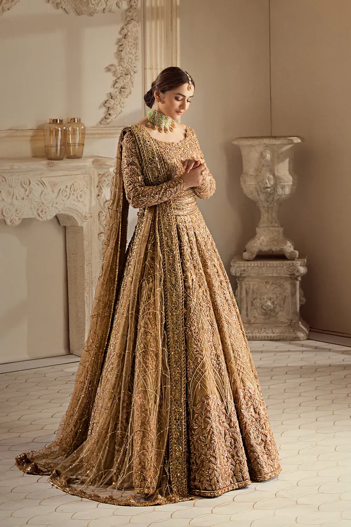 Golden Pakistani Bridal Dress in Lehenga Choli Style