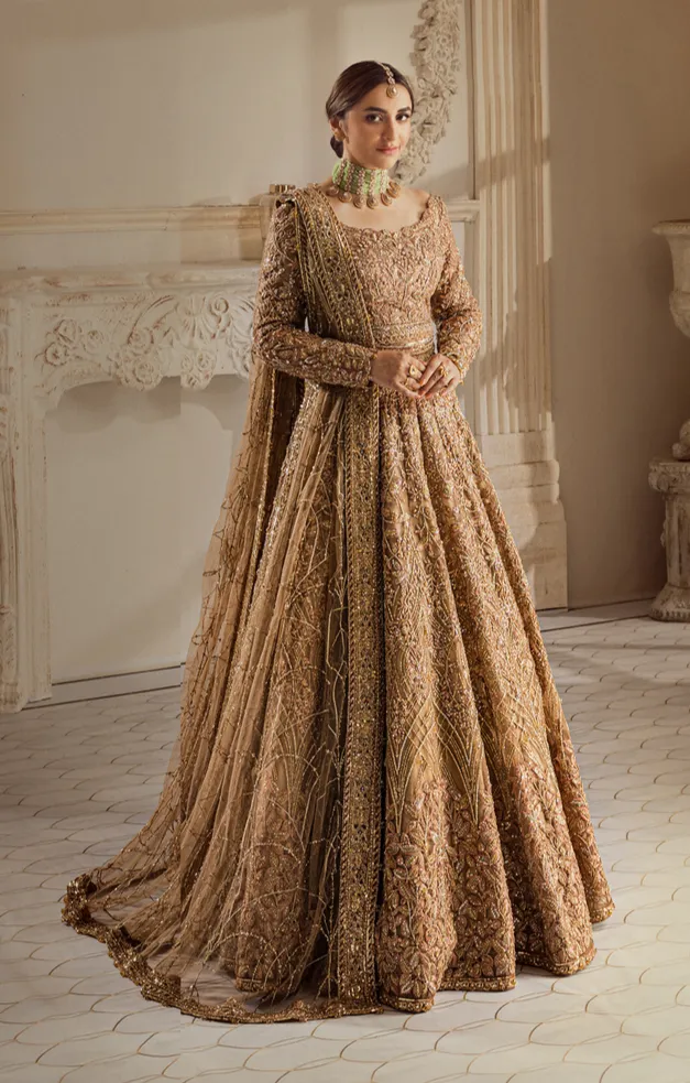Golden Pakistani Bridal Dress in Lehenga Choli Style