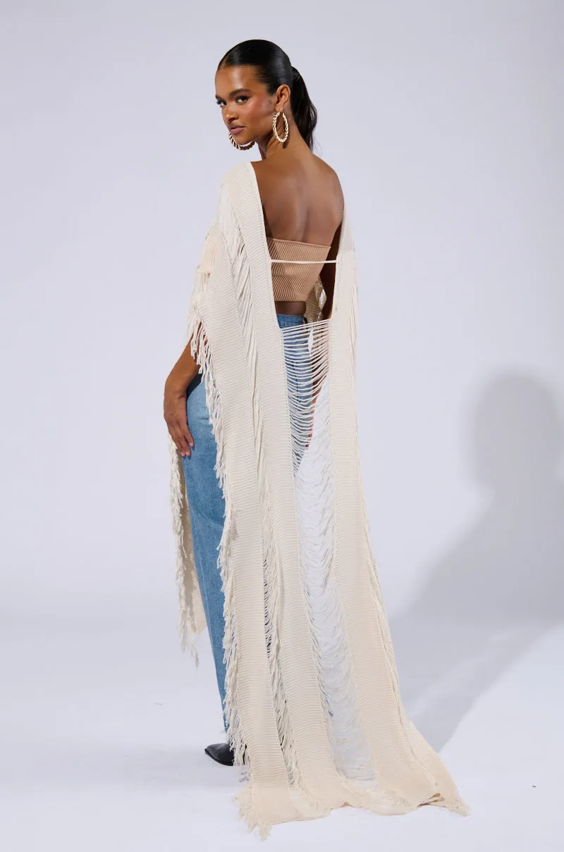 GOOD VIBES DISTRESSED PONCHO IN CREAM