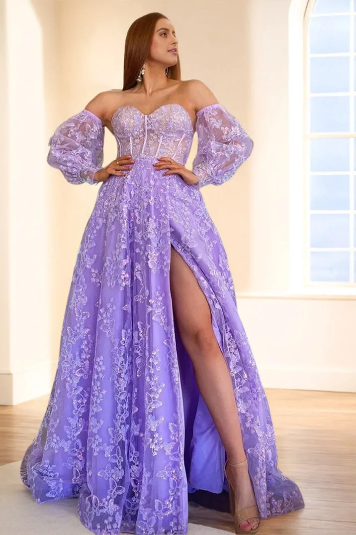 Gorgeous Lace Sweetheart Off The Shoulder Prom Dress with Detachable Sleeves