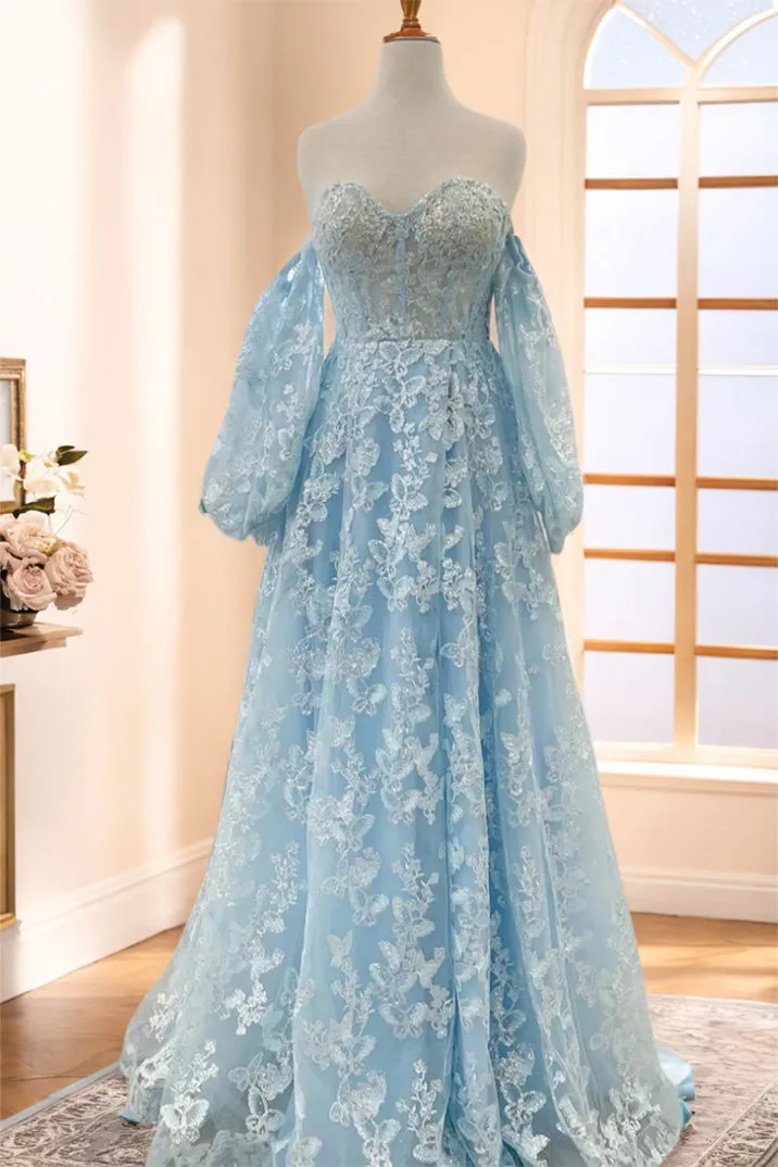 Gorgeous Lace Sweetheart Off The Shoulder Prom Dress with Detachable Sleeves