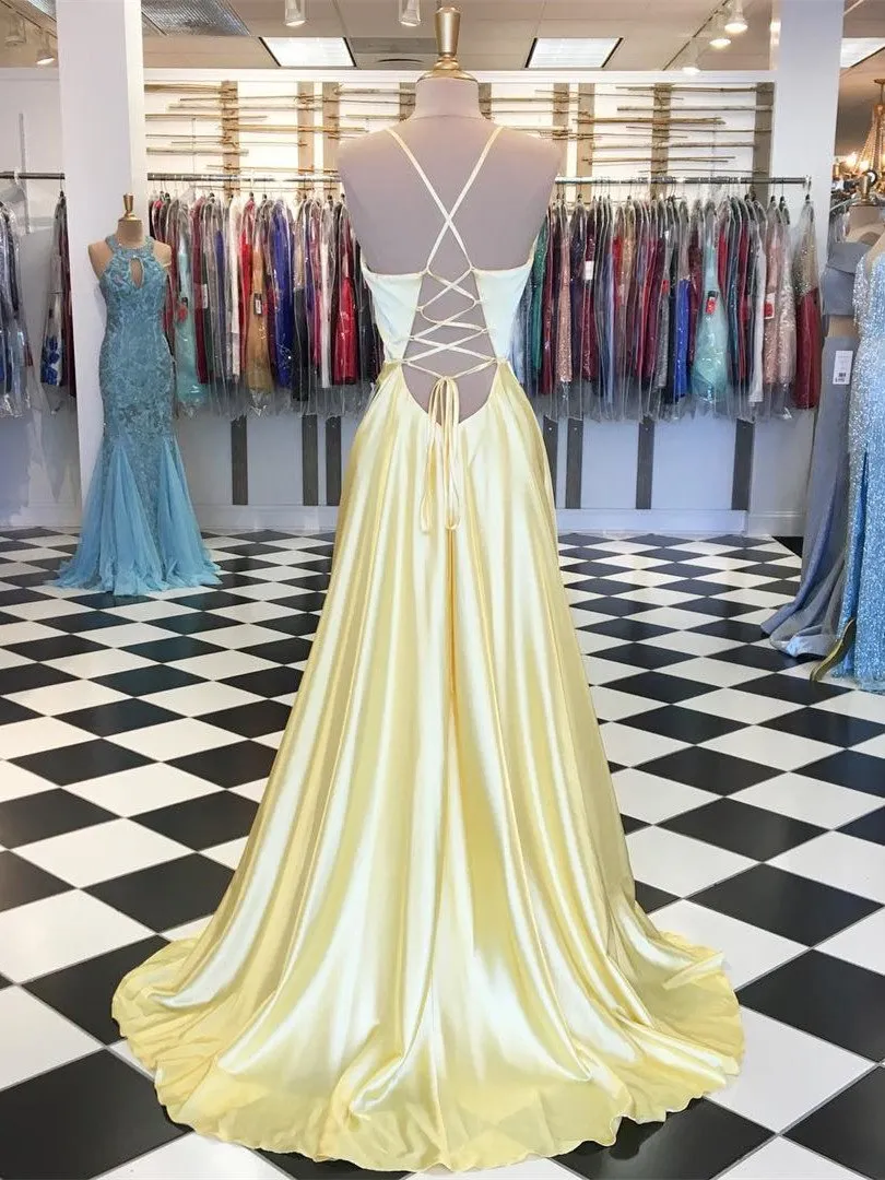 Gorgeous Spaghetti Straps A-line Prom Dresses Satin Gowns CP116