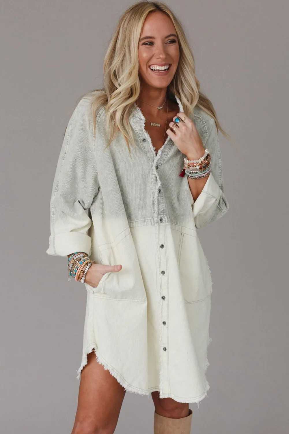 Gray Gradient Long Sleeve Button Up Pocket Raw Hem Dress