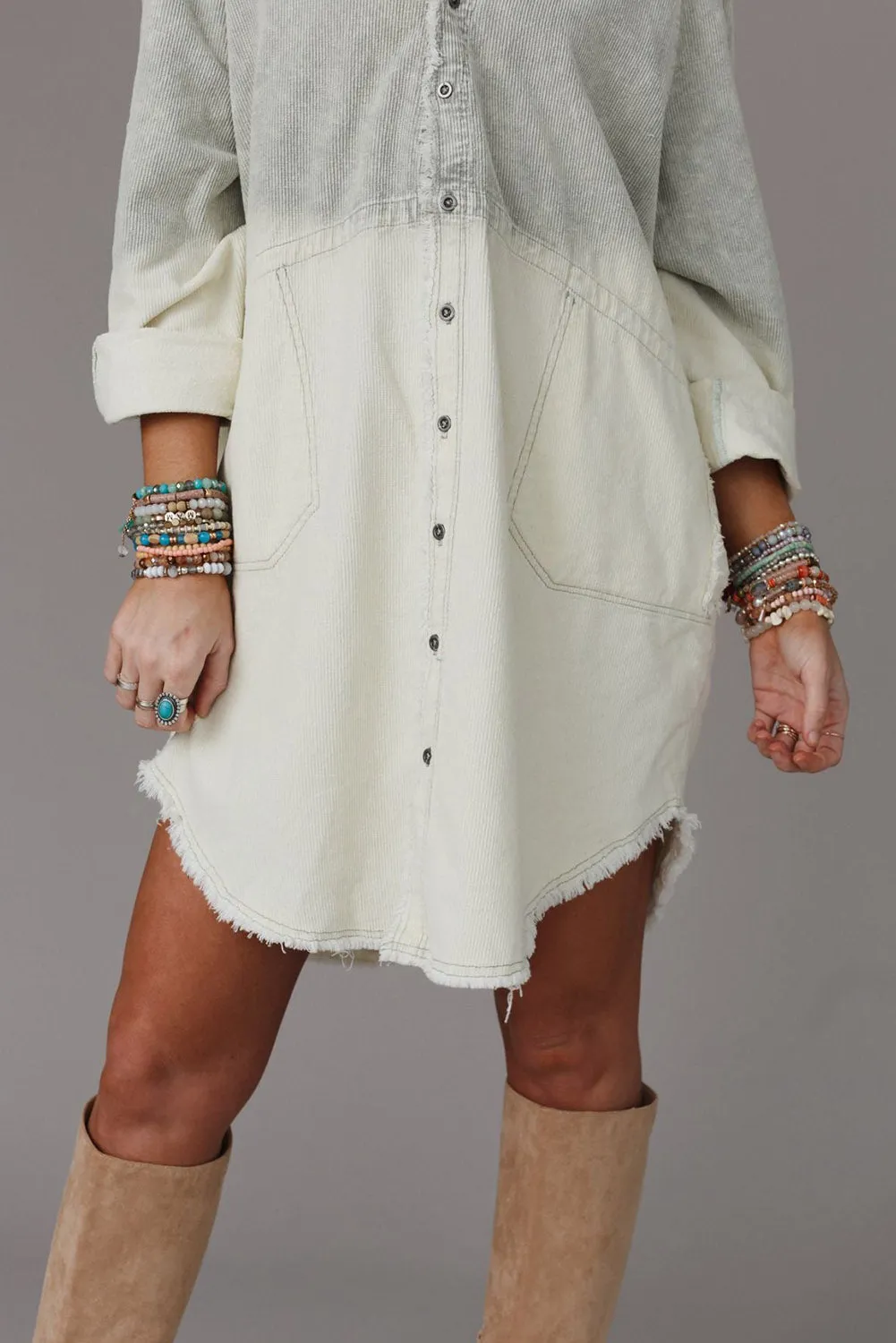 Gray Gradient Long Sleeve Button Up Pocket Raw Hem Dress