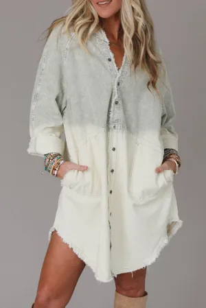 Gray Gradient Long Sleeve Button Up Pocket Raw Hem Dress