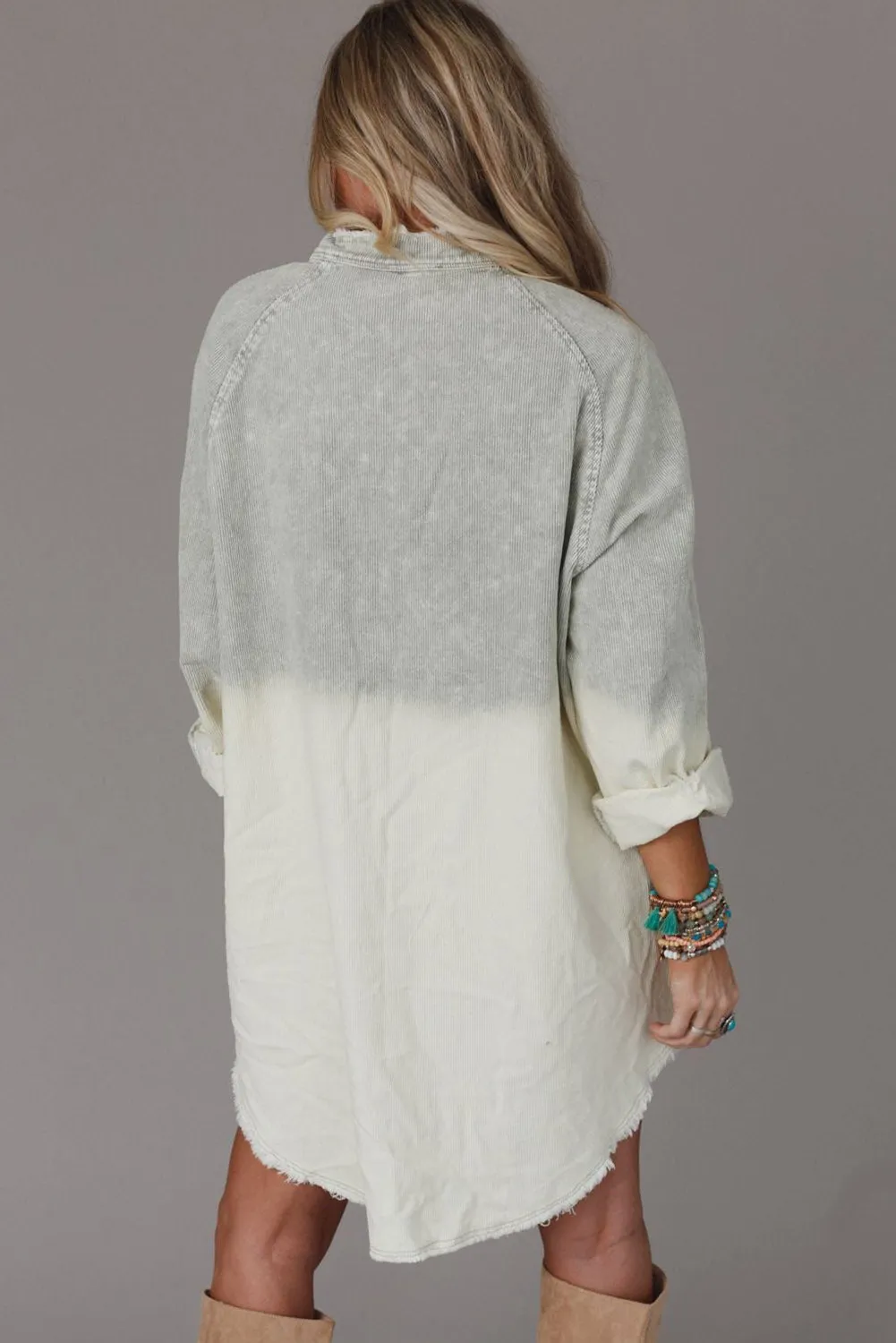 Gray Gradient Long Sleeve Button Up Pocket Raw Hem Dress